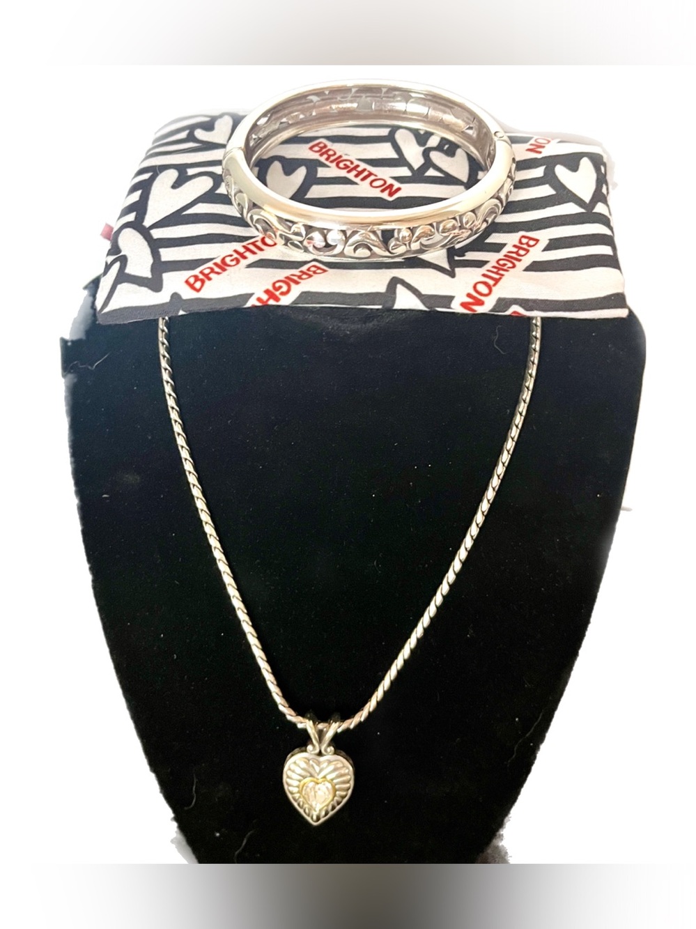 Brighton Crystal Heart Necklace & Bangle Bracelet w/Dust Bag